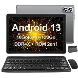 Tablette 10,1" Android 13, UMCP (16 Go (8 + 8) DDR4X 128 Go ROM 2 en 1) Processeur ultra-lisse MTK8183 8 cœurs 2,0 GHz, double WiFi BT5.0 GPS avec étui clavier souris pourjeu, travail, étude-Gris