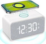 ANJANK Radio-Réveil en Bois avec Station de Charge Inductive, Haut-Parleur Bluetooth 10W, Station de Charge sans Fil pour iPhone/Samsung, Double Alarme, écran à Intensité Variable de 0 à 100%