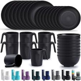 Kyraton Assiettes Service de Table plastique 32 PCS Service pour 8, réutilisable Assiettes légères Tasses Bols Vaisselle facile à transporter et à nettoyer Cuire au micro-ondes BPA sans lave-vaisselle